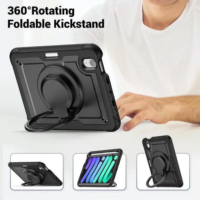 Alt view image 5 of 5 - ZSLVPN Case for iPad mini 7 (A17 Pro) 2024/ Mini 6 8.3'' with Pencil Holder Screen Protector [360 Rotating Handle & Stand] &Shoulder Strap, Shockproof Case for iPad mini 7th/6th Generation, Black