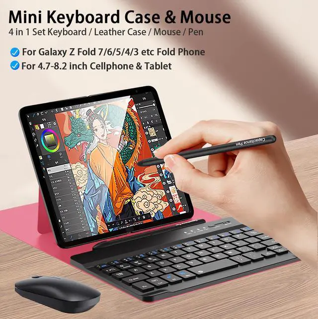 Alt view image 2 of 5 - for Samsung Galaxy Z Fold 7 6 5 Keyboard and Mouse, Portable Mini Bluetooth Keyboard with Leather Case and Capacitive Pen, 4 in 1 Set for Z Fold 7 Accessories