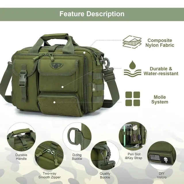 Alt view image 4 of 5 - Stypos Tactical Messenger Bag, 15.6/17.3 Inch Tactical Briefcase for Man Military Laptop Bag Messenger Shoulder Bag (Green)