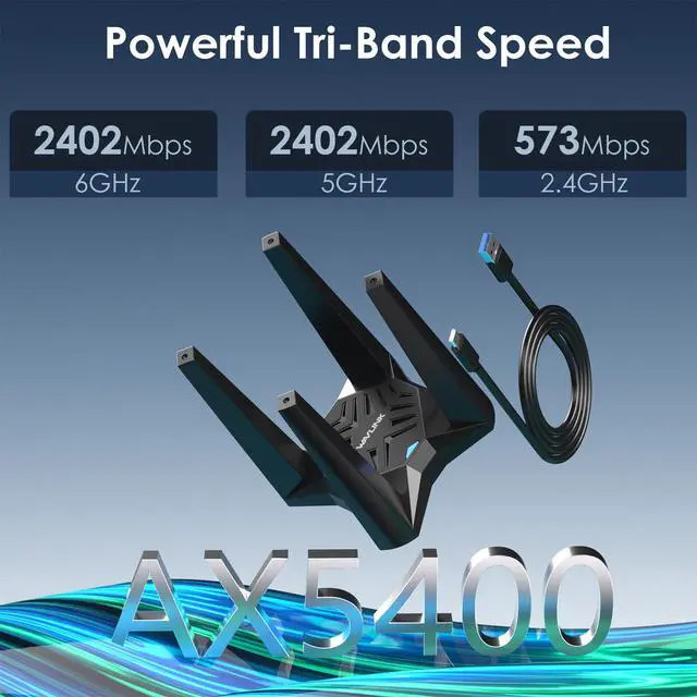 Alt view image 2 of 5 - USB WiFi 6E Adapter for Desktop PC, AX5400 Triple Band Wireless Network Adapter with 2.4GHz/5GHz/6GHz High Gain Antennas, MU-MIMO, OFDMA, WPA3, Windows 10/11