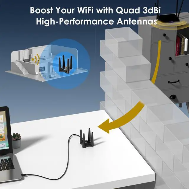 Alt view image 4 of 5 - USB WiFi 6E Adapter for Desktop PC, AX5400 Triple Band Wireless Network Adapter with 2.4GHz/5GHz/6GHz High Gain Antennas, MU-MIMO, OFDMA, WPA3, Windows 10/11