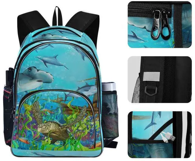 Alt view image 4 of 5 - ALAZA Sea Turtle Coral Reef with Ship Wreck Travel Laptop Backpack College School Computer Bag for Boys Girls
