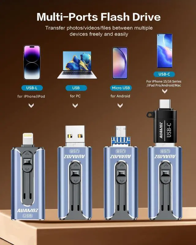 Alt view image 2 of 5 - AUAMOZ 256GB Flash Drive Intended for iPhone, Memory Stick Storage Files Photos Videos Backup, Compatible with iPhone iPad Android PC, Plug and Play, No Application Required (Blue)