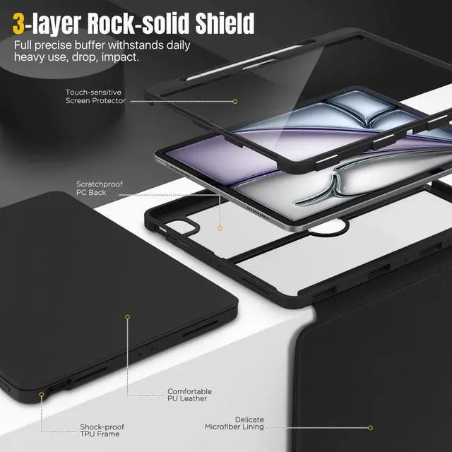 Alt view image 3 of 5 - MoKo for iPad Air 13 Inch Case M3 2025 & M2 2024 with Pencil Holder, iPad Air 13 Case [Built-in Screen Protector] with Clear Back & Magnetic Multi Angle Stand Cover, Black