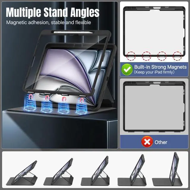 Alt view image 4 of 5 - MoKo for iPad Air 13 Inch Case M3 2025 & M2 2024 with Pencil Holder, iPad Air 13 Case [Built-in Screen Protector] with Clear Back & Magnetic Multi Angle Stand Cover, Black