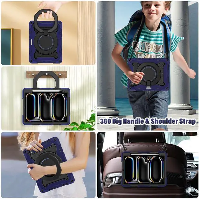 Alt view image 3 of 5 - ROISKIN Case for iPad Pro 11 Inch M4 5th Generation for Kids with 360 Swivel Handle & Stand,HD Screen Protector,Shoulder Strap,Pen Holder,Heavy Duty Military Shockproof Case