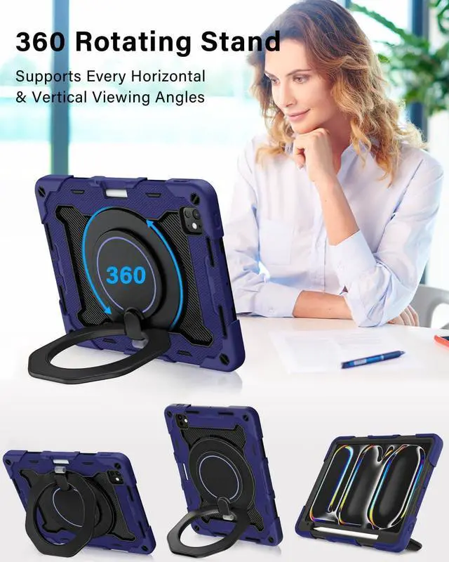 Alt view image 4 of 5 - ROISKIN Case for iPad Pro 11 Inch M4 5th Generation for Kids with 360 Swivel Handle & Stand,HD Screen Protector,Shoulder Strap,Pen Holder,Heavy Duty Military Shockproof Case