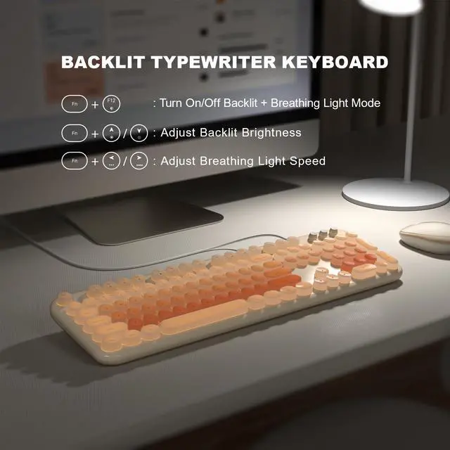 Alt view image 2 of 5 - GEEZER Wired Backlit Keyboard, Milktea Colorful Full-Size Cute Computer Keyboard, USB Retro Round Keycaps Typewriter Keyboards, for Windows, Laptop, Desktop, PC, Mac