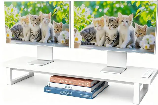 Main image of Simple Trending Dual Monitor Stand Riser with 2 USB Charging Ports, Wood Computer Desk Organizer for 2 Monitors, Extra Long TV Stand for Laptop Office, iMac, White