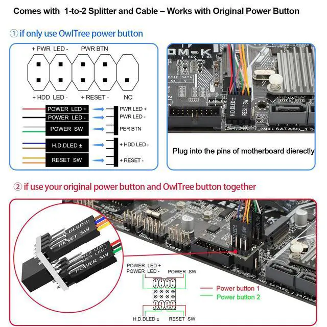 Alt view image 2 of 5 - PC Power Button, Desktop Switch Splitter ON Off Reset SW HDD LED PC External Power Supply Button for Computer Motherboard