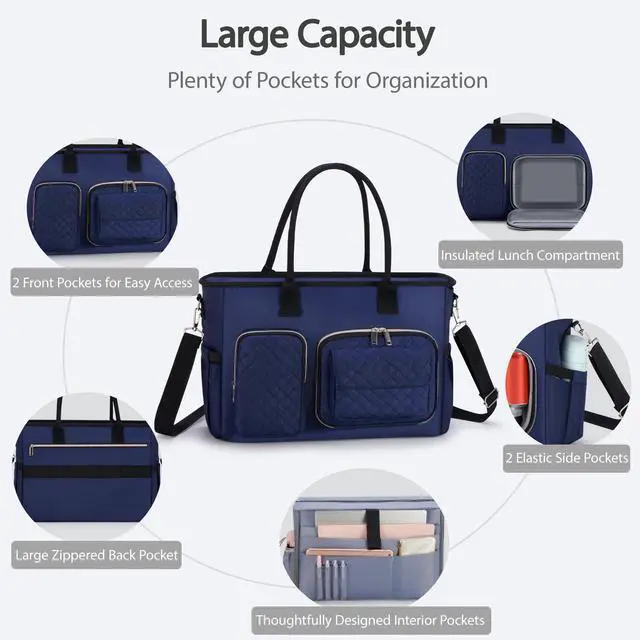 Alt view image 2 of 5 - Women Laptop Tote Bag with Insulated Lunch Compartment,15.6'' Teacher Work Computer Bag,Large Water-Resistant Messenger Shoulder Bag with Multi Pockets for Office/College/Travel-Navy
