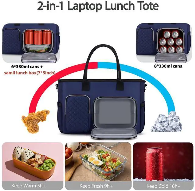 Alt view image 3 of 5 - Women Laptop Tote Bag with Insulated Lunch Compartment,15.6'' Teacher Work Computer Bag,Large Water-Resistant Messenger Shoulder Bag with Multi Pockets for Office/College/Travel-Navy