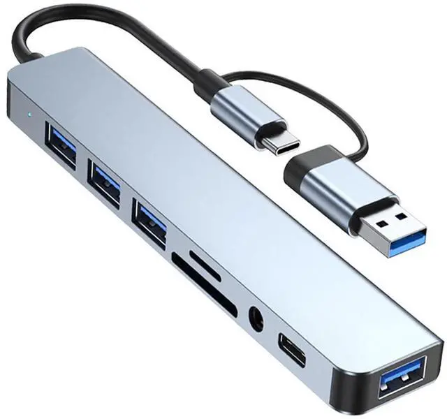 Main image of 8Port USB Hub & USB C Hub 3.0, Aluminum 8 in 1 USB Splitter Extender, with SD/TF Card Reader, 3.5mm Aux Ports, for MacBook Pro Air Pro/Pad Pro/Phone 15 Pro
