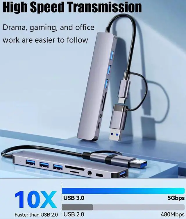 Alt view image 5 of 5 - 8Port USB Hub & USB C Hub 3.0, Aluminum 8 in 1 USB Splitter Extender, with SD/TF Card Reader, 3.5mm Aux Ports, for MacBook Pro Air Pro/Pad Pro/Phone 15 Pro