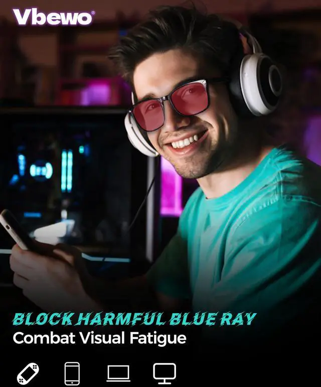 Alt view image 4 of 5 - Vbewo 2 Packs Professional Sleep Glasses with 99.9% Blue Light Blocking Dual AR Coatings Red Lens, Computer Gaming Glasses for Men Women, Anti Fatigue & Eye Strain