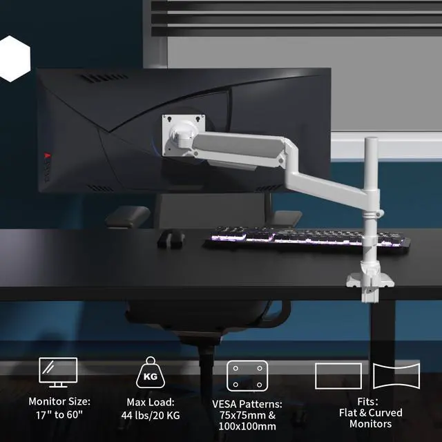 Alt view image 2 of 5 - GUZHIKU Monitor Arm for 17 to 60 inch, Hold 44 lbs, Fully Adjustable Heavy Duty Desk Mount, Monitor Stand Fit 57 55 49", Ultrawide Monitors Bracket Clamp/Grommet Base VESA 75x75/100x100 (White)