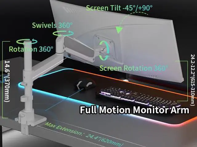 Alt view image 4 of 5 - GUZHIKU Monitor Arm for 17 to 60 inch, Hold 44 lbs, Fully Adjustable Heavy Duty Desk Mount, Monitor Stand Fit 57 55 49", Ultrawide Monitors Bracket Clamp/Grommet Base VESA 75x75/100x100 (White)