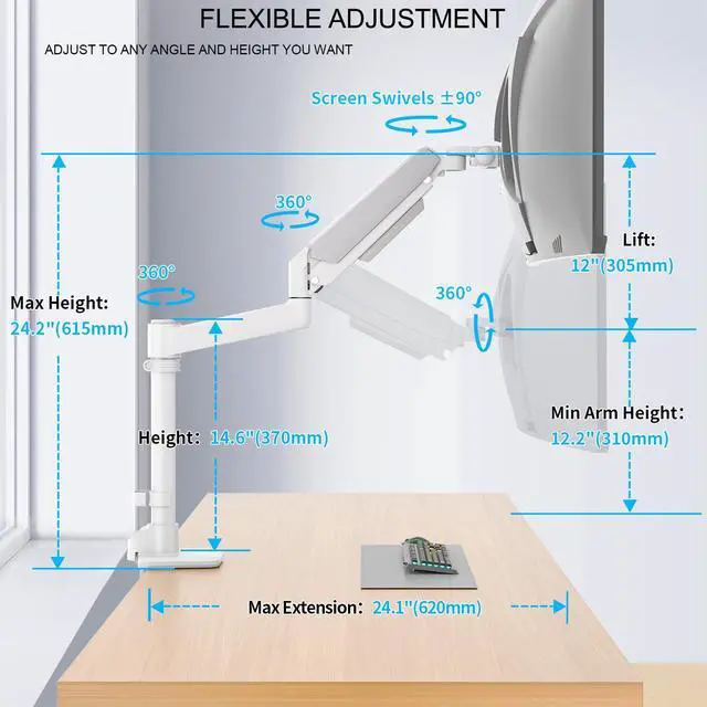 Alt view image 3 of 5 - GUZHIKU Monitor Arm for 17 to 60 inch, Hold 44 lbs, Fully Adjustable Heavy Duty Desk Mount, Monitor Stand Fit 57 55 49", Ultrawide Monitors Bracket Clamp/Grommet Base VESA 75x75/100x100 (White)