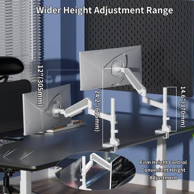 Alt view image 5 of 5 - GUZHIKU Monitor Arm for 17 to 60 inch, Hold 44 lbs, Fully Adjustable Heavy Duty Desk Mount, Monitor Stand Fit 57 55 49", Ultrawide Monitors Bracket Clamp/Grommet Base VESA 75x75/100x100 (White)