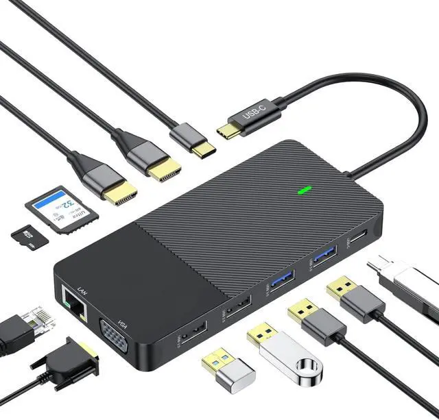 Main image of 12-in-1 USB C Docking Station with Dual 4K HDMI, VGA, Gigabit Ethernet, 100W PD Charging, 4 USB Ports, SD/TF Card Reader for MacBook/Windows/Laptop