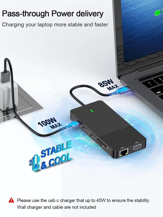 Alt view image 5 of 5 - 12-in-1 USB C Docking Station with Dual 4K HDMI, VGA, Gigabit Ethernet, 100W PD Charging, 4 USB Ports, SD/TF Card Reader for MacBook/Windows/Laptop