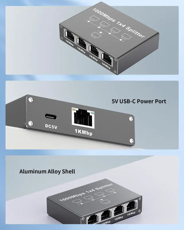 Alt view image 3 of 5 - FSKY Gigabit Ethernet Splitter 1 to 4, Aluminium LAN Splitter 1000Mbps RJ45 Ethernet Switch Network Splitter with USB C Power Cable for Cat5/5e/6/7/8 (Gigabit Ethernet Splitter 1 to 4)