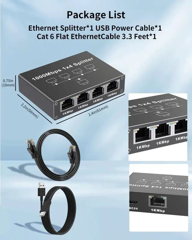 Alt view image 5 of 5 - FSKY Gigabit Ethernet Splitter 1 to 4, Aluminium LAN Splitter 1000Mbps RJ45 Ethernet Switch Network Splitter with USB C Power Cable for Cat5/5e/6/7/8 (Gigabit Ethernet Splitter 1 to 4)