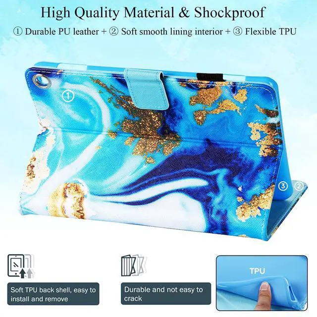 Alt view image 5 of 5 - UUcovers Case for Amazon Kindle Fire HD 8 & Fire HD 8 Plus Tablet 8" (12th/10th Generation, 2022/2020) PU Leather Stand Magnetic Cover with Pencil Holder/Pocket [Auto Sleep/Wake], Blue Gold Marble