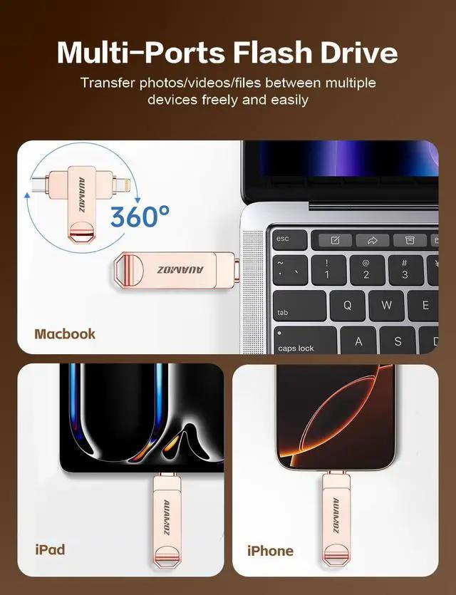 Alt view image 2 of 5 - AUAMOZ 256GB Flash Drive Intended for iPhone, Memory Stick Storage Files Photos Videos Backup, Compatible with iPhone iPad Android PC, Plug and Play, No Application Required (Rose Gold)
