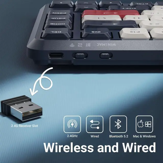 Alt view image 4 of 5 - JamesDonkey J1 Low-Profile Wireless Mechanical Keyboard - QMK/VIA RGB Backlit, Hot-Swappable Brown Switch, 2.4 GHz Bluetooth, PBT Keycaps, 75% Layout Mac/Win/Linux for Office/Gaming - Dark Blue