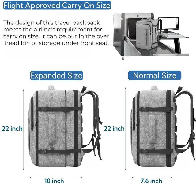 Alt view image 4 of 5 - 55L Carry On Backpack, Extra Large Travel Laptop Backpack for Men & Women, 60L Expandable Big Capacity For Airplanes, Travel Gifts for Men Women, Fits 18.4 Inch Laptop, Luggage Suitcase Bag, Grey