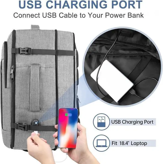 Alt view image 5 of 5 - 55L Carry On Backpack, Extra Large Travel Laptop Backpack for Men & Women, 60L Expandable Big Capacity For Airplanes, Travel Gifts for Men Women, Fits 18.4 Inch Laptop, Luggage Suitcase Bag, Grey