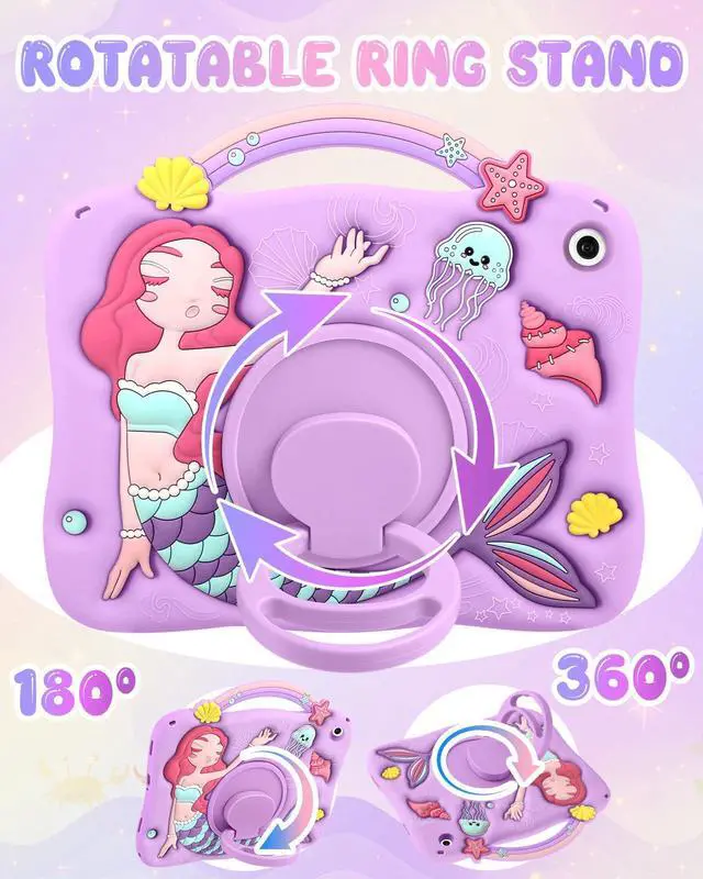 Alt view image 3 of 5 - Boaretiu for Galaxy Tab A9 Plus Case - Cute Cartoon Mermaids Soft 3D Silicone for Samsung A9 Plus Tablet Case with Strap & Rotating Stand Girls Teens Tab A9+ 11 Inch Tablet Cover