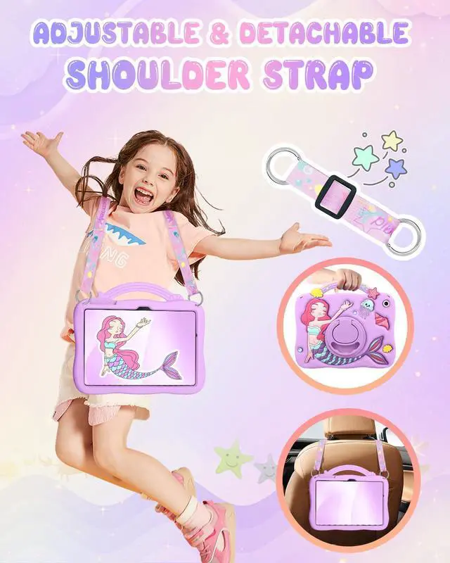 Alt view image 4 of 5 - Boaretiu for Galaxy Tab A9 Plus Case - Cute Cartoon Mermaids Soft 3D Silicone for Samsung A9 Plus Tablet Case with Strap & Rotating Stand Girls Teens Tab A9+ 11 Inch Tablet Cover