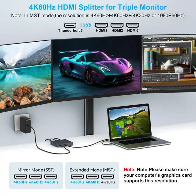 Alt view image 4 of 5 - USB C to 3 HDMI Adapter 4K60Hz HDMI Splitter Extended Display 3 Monitors MST HUB USBC Splitter 1 in 3 Out with 100W PD Charging, Compatible with Laptop,PC,USB-C Graphics Card
