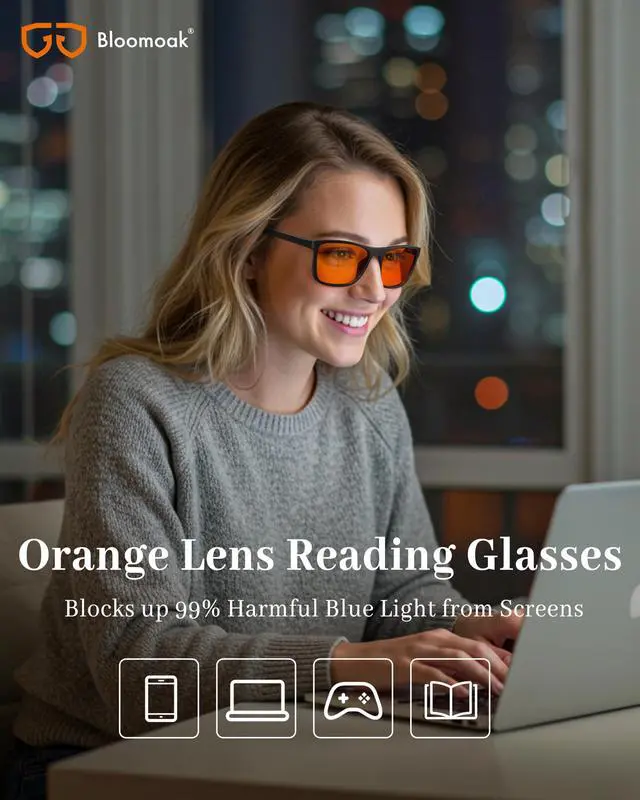 Alt view image 2 of 5 - Bloomoak 99.9% Blue Light Blocking Reading Glasses, Classic Computer Readers, Relieve Eye Fatigue, Improve Sleep, for Screens (Orange, 2, x)