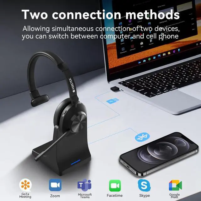 Alt view image 4 of 5 - Voistek Wireless Headset with Mic for Work, Bluetooth Wireless Headset with Microphone Noise Cancelling & Mute for Work from Home/Office/Call Center/Zoom/Cell Phones/Computer/Laptop/PC(Charging Base)