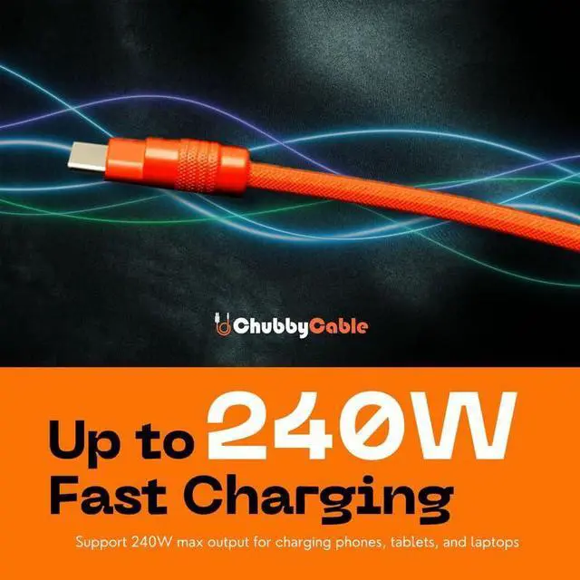 Alt view image 4 of 5 - ChubbyCable Short USB C Cable 240W Fast Charging Nylon Braided Type-C Charger Cord for Power Bank, Phones, Tablets, Orange+Orange, 1.64FT