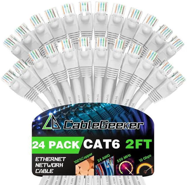 Main image of CableGeeker Cat 6 Patch Cables 2 ft (24-Pack) - Cat 6 Ethernet Cable, Snagless RJ45, Cat6 Patch Cable, Cat 6 Cable, 2 Foot Cat6 Ethernet Cables, Network Cable, Internet Cable - 2 Feet White