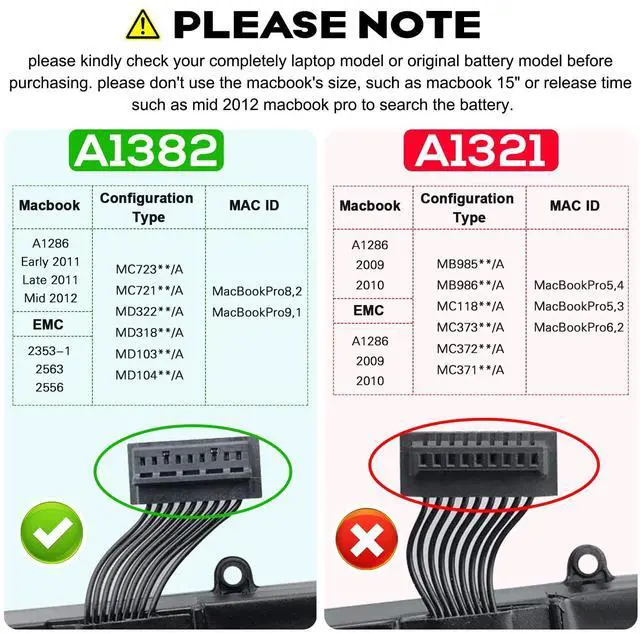 Alt view image 2 of 5 - A1382 A1286 Laptop Battery for 15 inch MacBook Pro 8,2 9,1 MacBook Pro Battery A1286 (Mid 2012 Early 2011 Late 2011) MC721LL/A, MC723LL/A, MD035LL/A, MD318LL/A, MD322LL/A, MD103LL/A, MD104LL/A