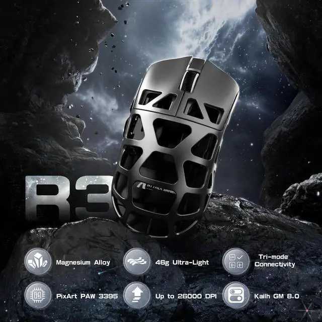 Alt view image 2 of 5 - FELICON x Attack Shark R3 Wireless Gaming Mouse,PAW3395 26K DPI 8KHz Polling Rate,Magnesium Alloy 46g Ultralight,Programmable Tri-Mode BT/2.4G/Wired Computer Mice with Coiled Cable - Silver