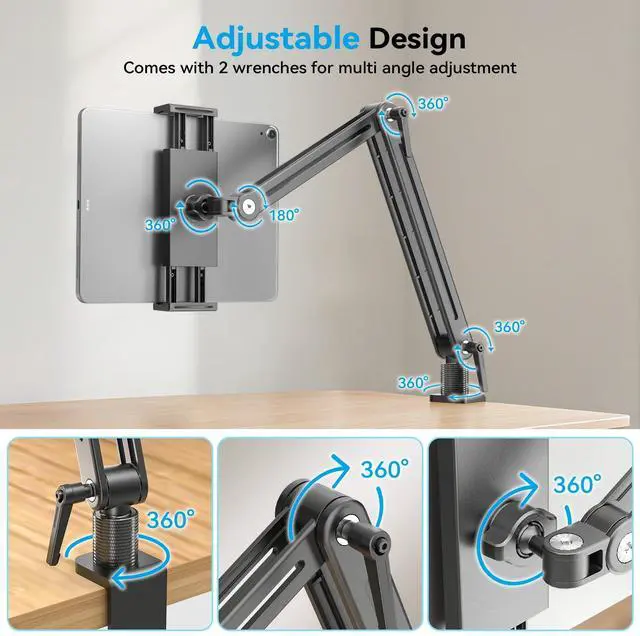 Alt view image 4 of 5 - Jakeko Adjustable Tablet Mount for Desk - 360 Degree Rotating Base Tall Arm Holder Stand Swivel Flexible Clamp Soporte para Tablet/Portable Monitor/Ebook