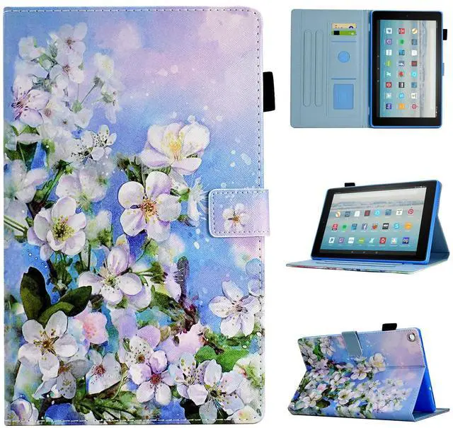 Main image of BYCeKe Case for Fire HD 10 Tablet (9th/7th/5th Generation, 2019/2017/2015 Release), PU Leather Folio Stand Cover Case for Fire HD 10 9th Generation/7th Generation, Auto Sleep Wake - White Flowers