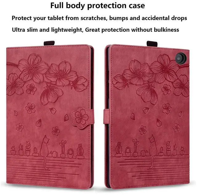 Alt view image 3 of 5 - for Amazon Kindle Fire HD 8 & Fire HD 8 Plus Case 12th/10th Generation (2024/2022/2020) 8", UUcovers Embossed PU Leather Folio Magneic Cover with Stand/Pencil Holder, Cherry Blossom Red Cat