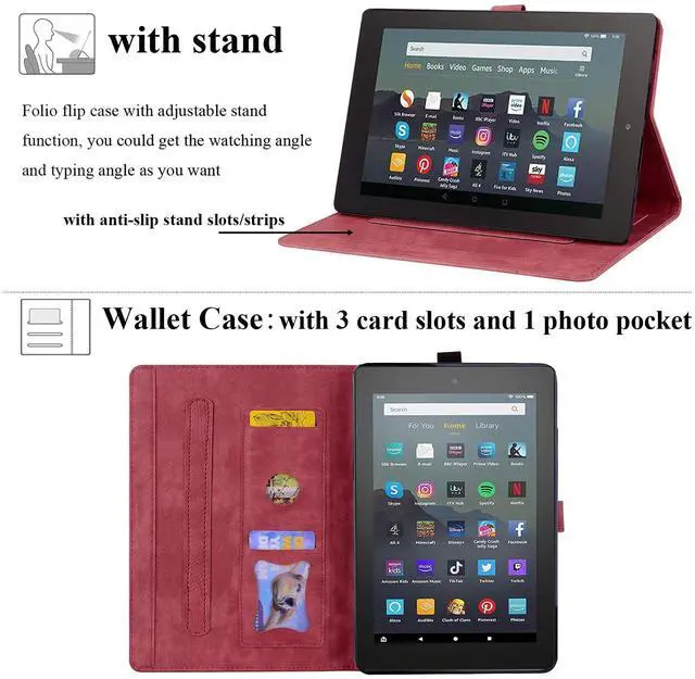 Alt view image 4 of 5 - for Amazon Kindle Fire HD 8 & Fire HD 8 Plus Case 12th/10th Generation (2024/2022/2020) 8", UUcovers Embossed PU Leather Folio Magneic Cover with Stand/Pencil Holder, Cherry Blossom Red Cat
