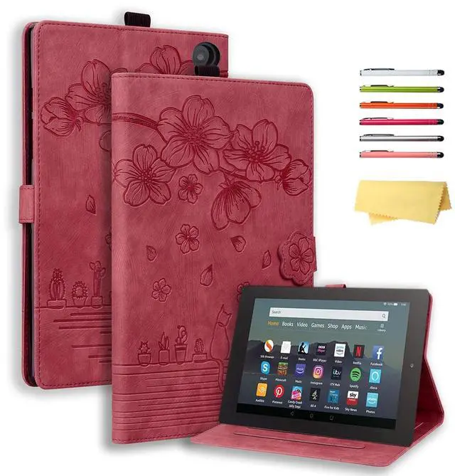 Main image of for Amazon Kindle Fire HD 8 & Fire HD 8 Plus Case 12th/10th Generation (2024/2022/2020) 8", UUcovers Embossed PU Leather Folio Magneic Cover with Stand/Pencil Holder, Cherry Blossom Red Cat