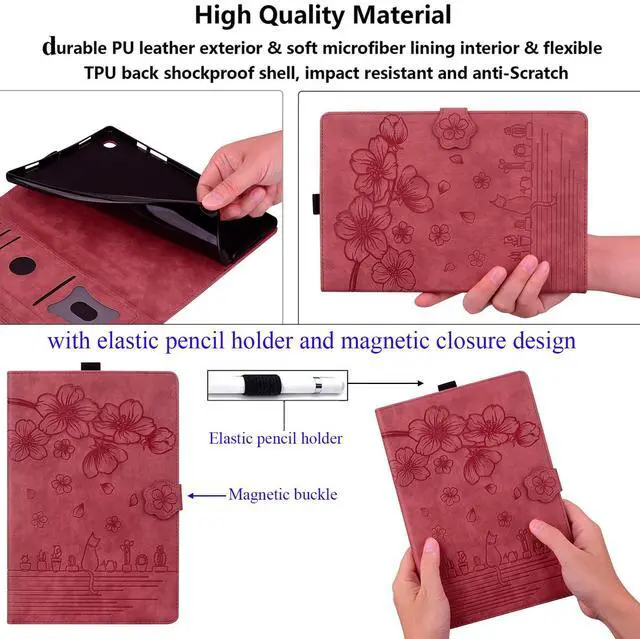 Alt view image 5 of 5 - for Amazon Kindle Fire HD 8 & Fire HD 8 Plus Case 12th/10th Generation (2024/2022/2020) 8", UUcovers Embossed PU Leather Folio Magneic Cover with Stand/Pencil Holder, Cherry Blossom Red Cat