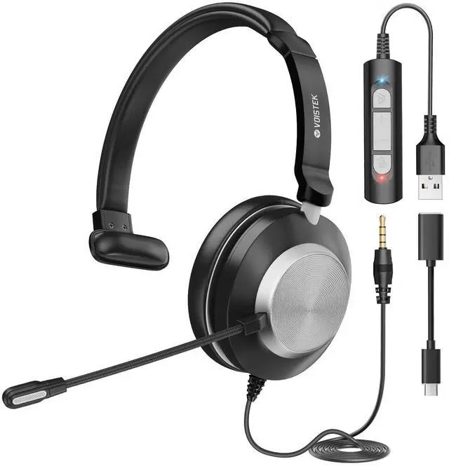 Main image of Voistek USB Headset with Mic for Laptop PC,Wired On Ear Mono Computer Headphones with Noise Cancelling Microphone,in-line Control for Office Work,Call Center,Video Meeting