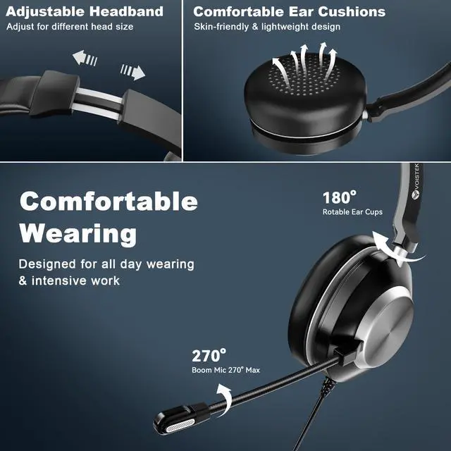 Alt view image 4 of 5 - Voistek USB Headset with Mic for Laptop PC,Wired On Ear Mono Computer Headphones with Noise Cancelling Microphone,in-line Control for Office Work,Call Center,Video Meeting