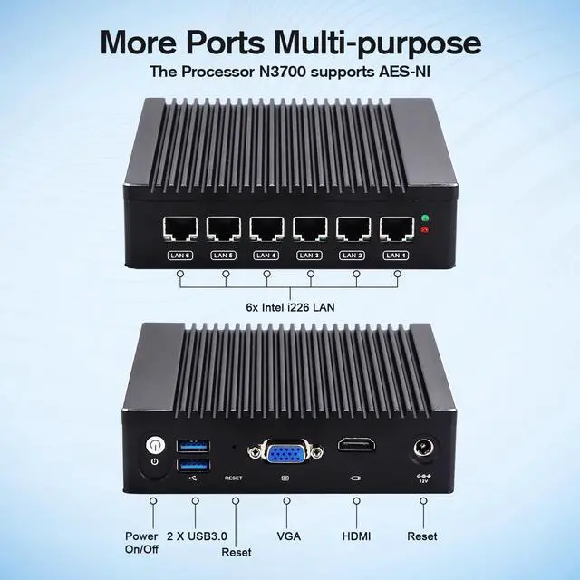 Alt view image 3 of 5 - Fanless Firewall Appliance Firewall Mini PC Intel N3700 4C/4T, 6 x Intel i226-V Gigabit Ethernet LAN,AES-NI 8GB DDR3 128GB SSD 4K/USB3.0/HD/Netgate Router VPN Test with ps-sense/opn-sense (N3700-6LAN)